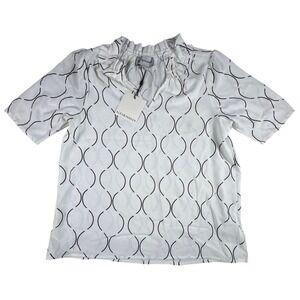 ALEX & PARKER NWT Womens White Geometric Ruffle Neck Short Sleeve Blouse‎ Top S